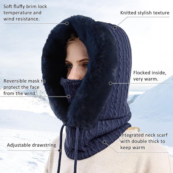 Women DarkbluePolyester Warm Thick Fluff Beanie Adult Neck Face Winter Balaclava - Picture 2 of 7
